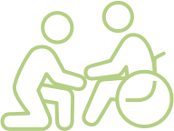 Outline of a person assisting a wheelchair user in green linear style