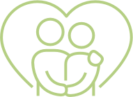 Green line art of two people embracing within a heart symbol, representing memory care