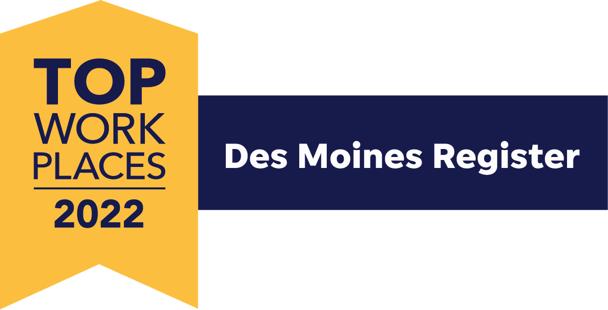 Yellow and blue Top Workplaces 2022 award badge by Des Moines Register